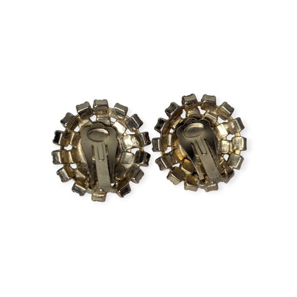 Vintage Gold Tone Aurora Borealis Rhinestones & Black Gem Round Clip On Earrings - Picture 3 of 6